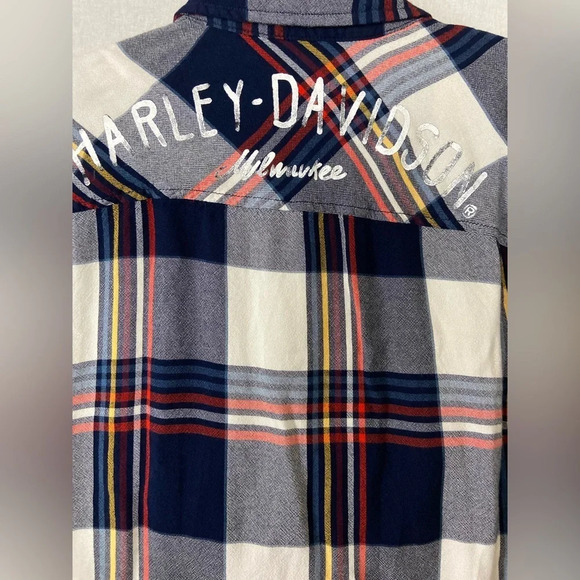 Harley Davidson black red white plaid raw hem button Shirt Sz L - Picture 7 of 11